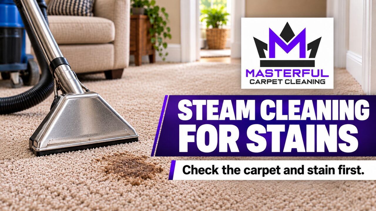 Beige carpet spot and parked extraction wand beneath Masterful Carpet Cleaning branding and Steam Cleaning for Stains text