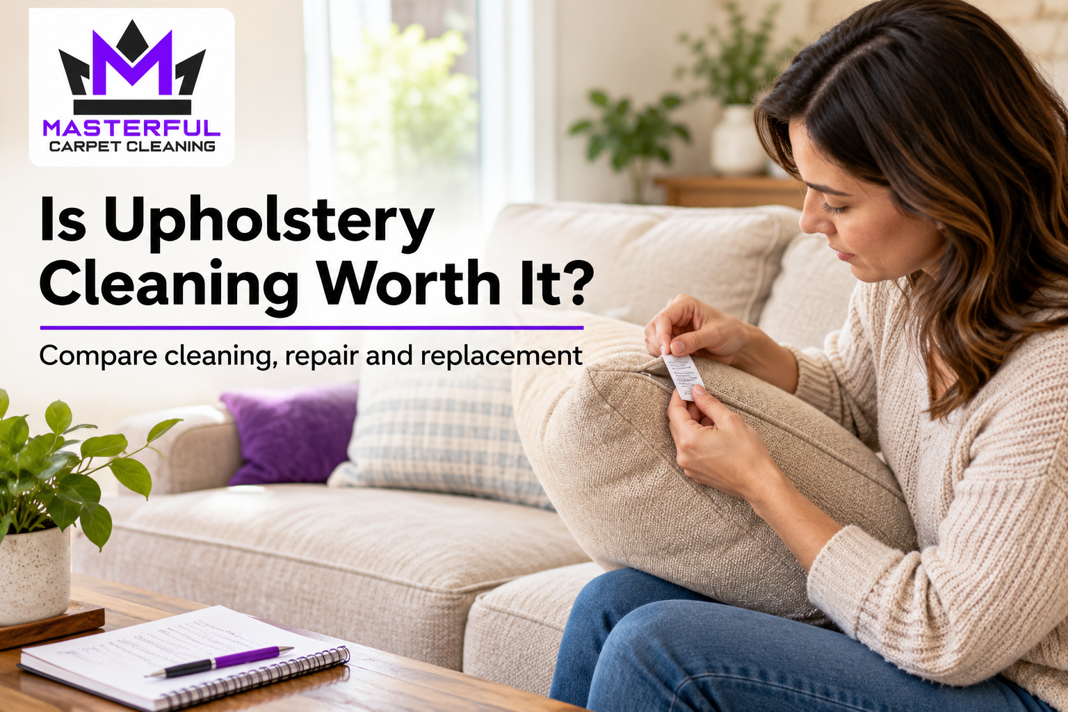 Masterful Carpet Cleaning cover: Is Upholstery Cleaning Worth It? A homeowner checks a sofa care label.