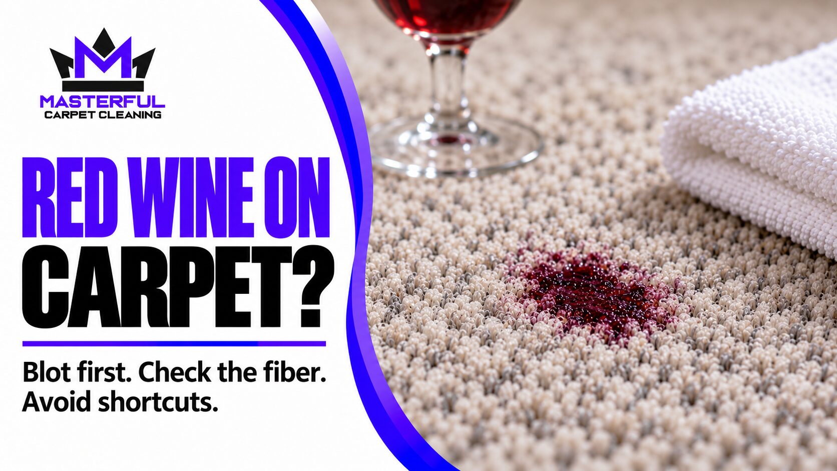 Masterful red wine on carpet guide with a small wine spot, glass, white cloth, verified logo and text to blot first, check the fiber and avoid shortcuts