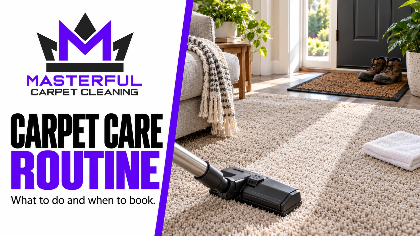 Masterful Carpet Cleaning cover: Carpet Care Routine, with a vacuum, entry mat and clean cloth