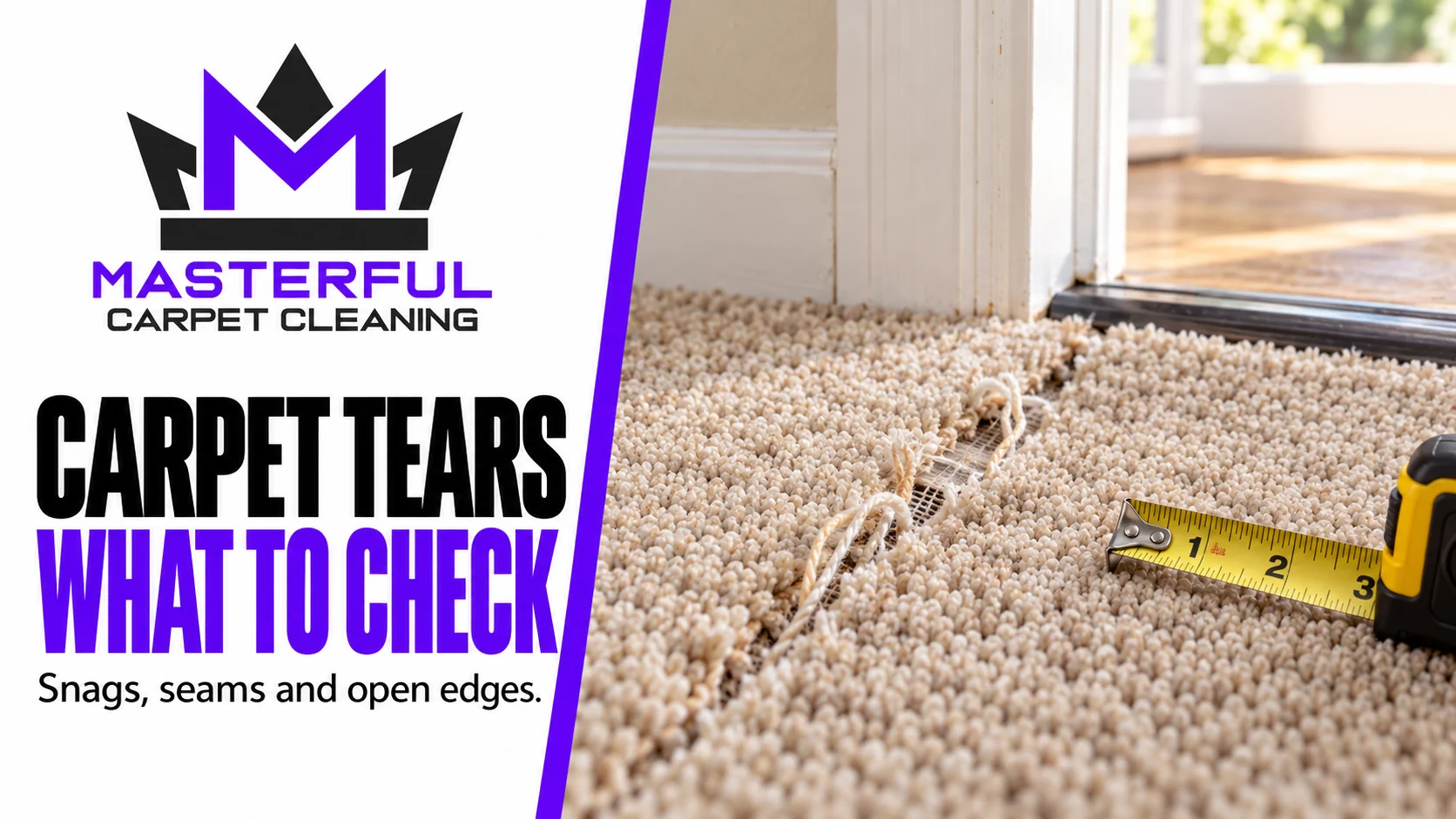 Masterful Carpet Cleaning cover: Carpet Tears, What to Check, with an opening and loose yarn at a doorway