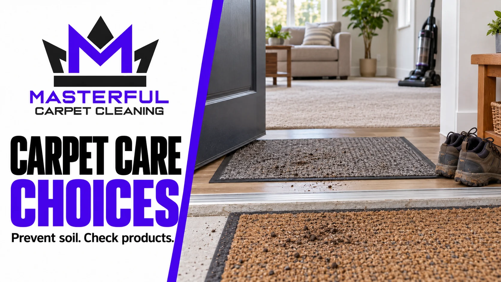 Masterful Carpet Cleaning cover: Carpet Care Choices, with entrance mats, outdoor shoes set aside and a vacuum inside a carpeted room