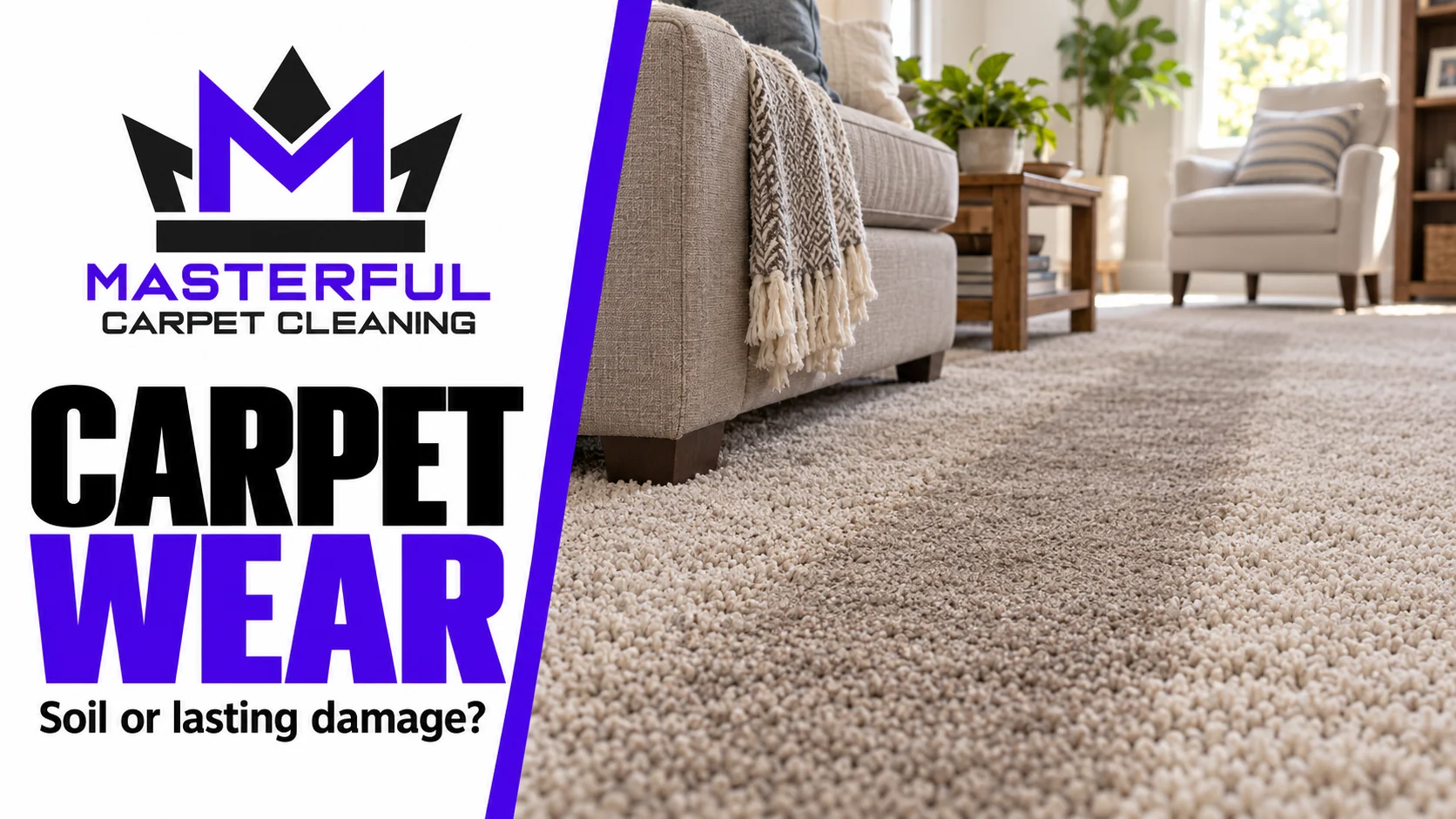 Masterful Carpet Cleaning cover: Carpet Wear, showing a darker flattened traffic path beside living room furniture