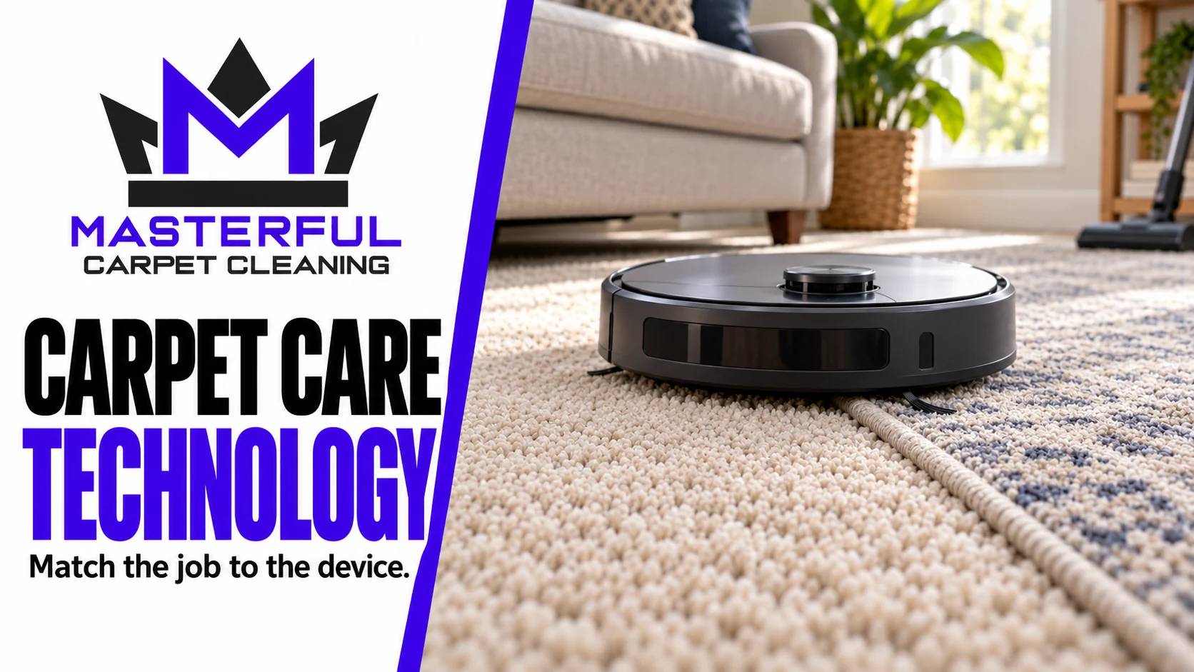 Masterful Carpet Cleaning cover: Carpet Care Technology, with a generic robot vacuum beside a rug edge and a conventional vacuum nearby