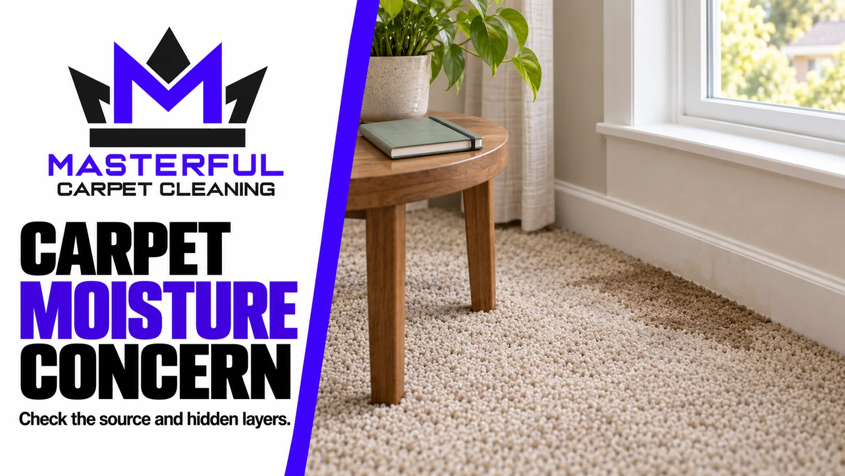Masterful Carpet Cleaning cover: Carpet Moisture Concern, showing a darkened carpet edge near a window and baseboard