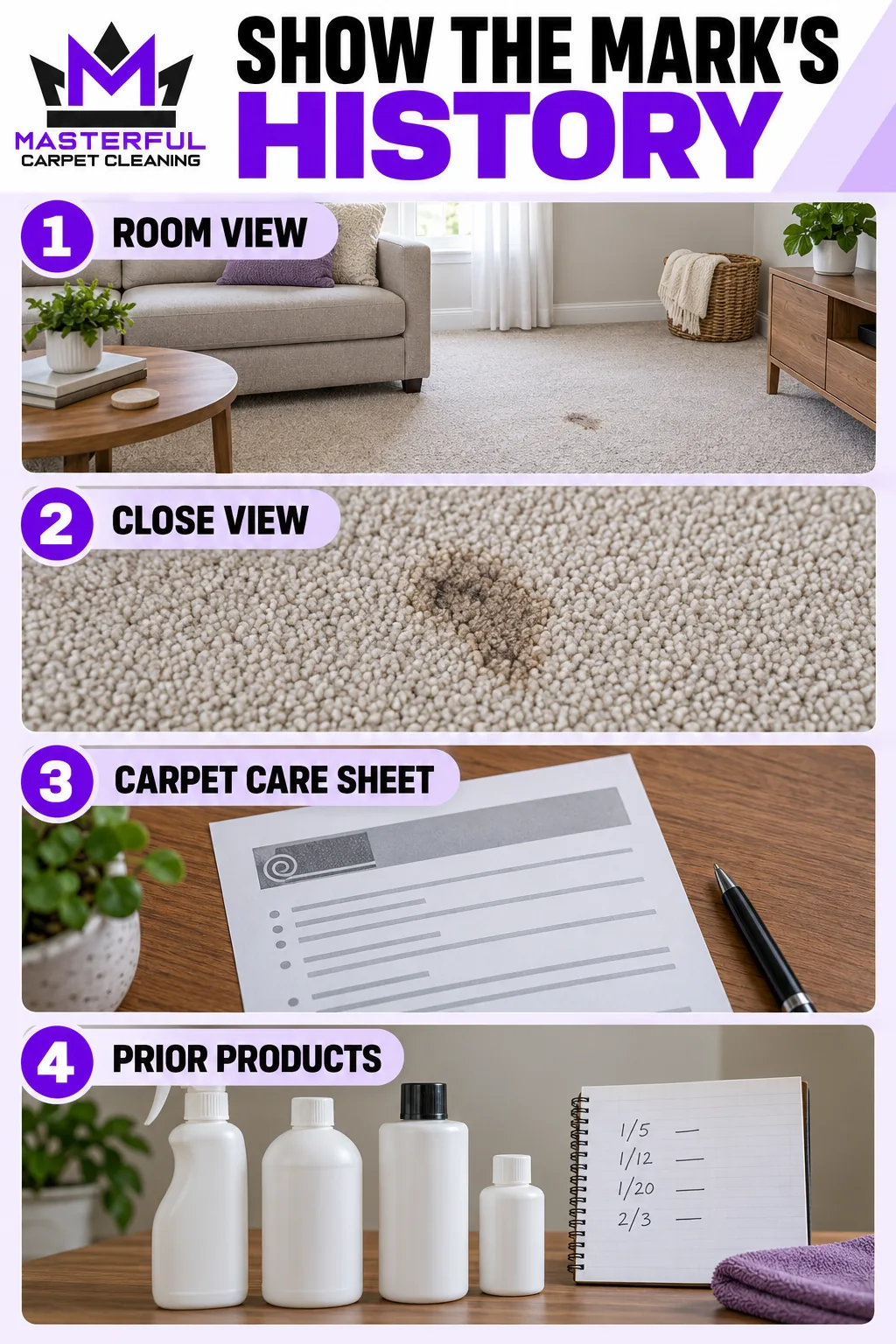 Illustrated checklist for a persistent carpet mark: take a room view and a close view, find the carpet care sheet, and gather labels and the order of products already used.