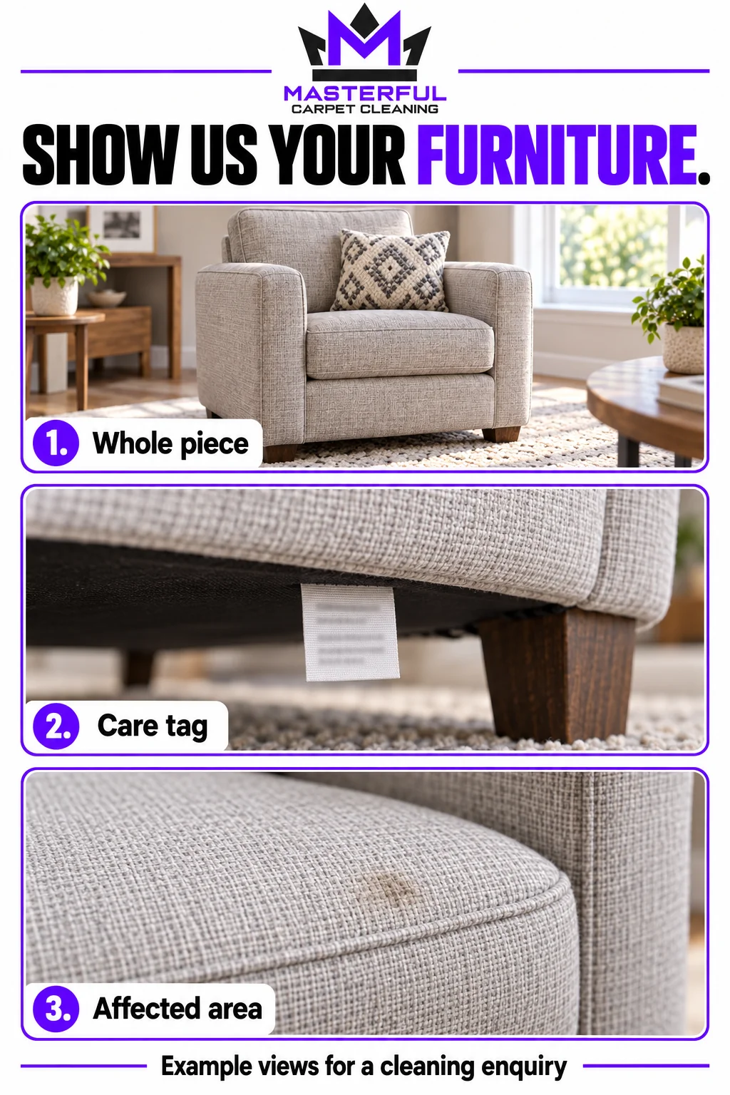 Three example photos for an upholstery enquiry: the whole chair, an unreadable sample care tag, and a seat area near a seam.