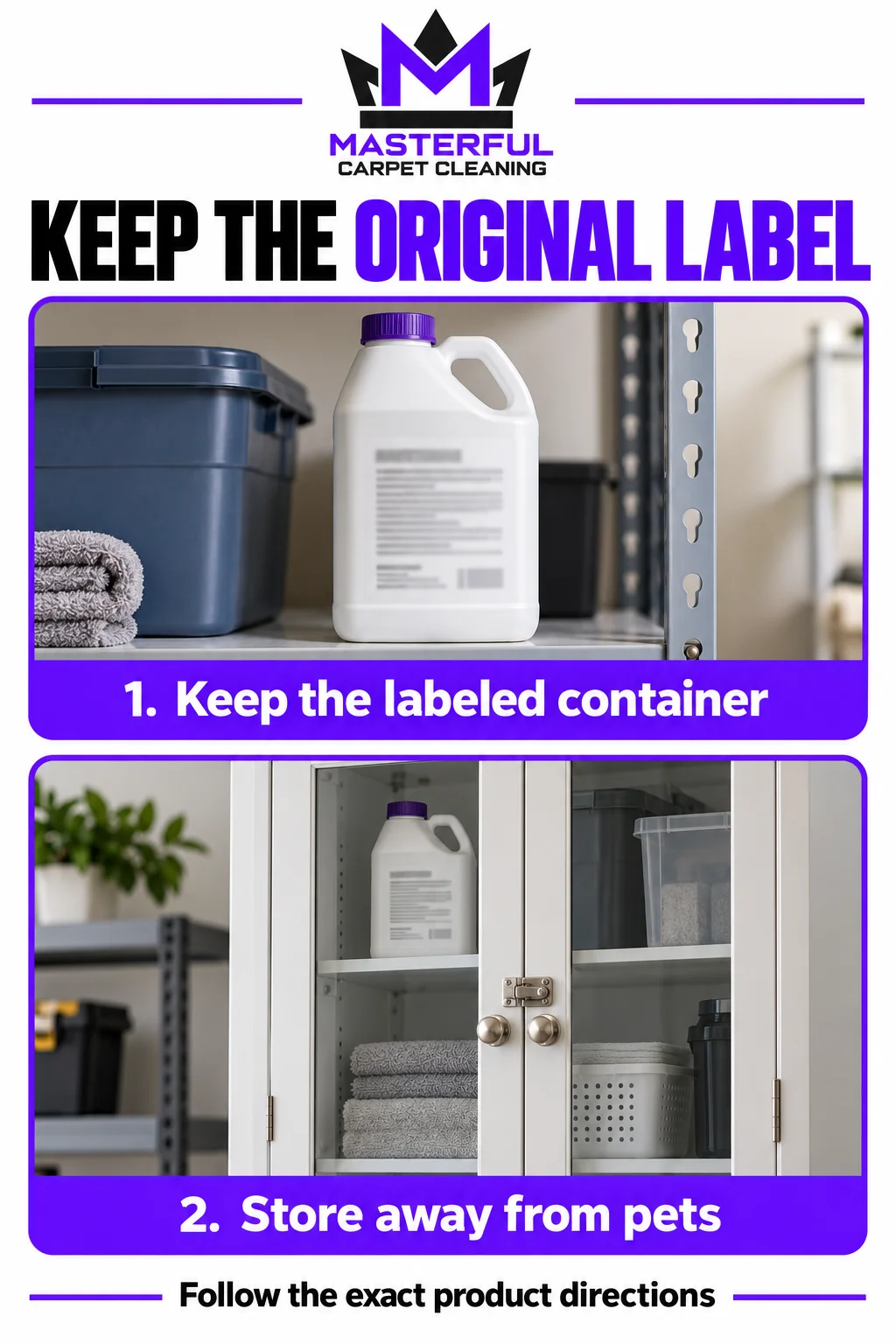 Two illustrative storage views: a closed original container with an unreadable sample label, and the container inside a closed latched cupboard.