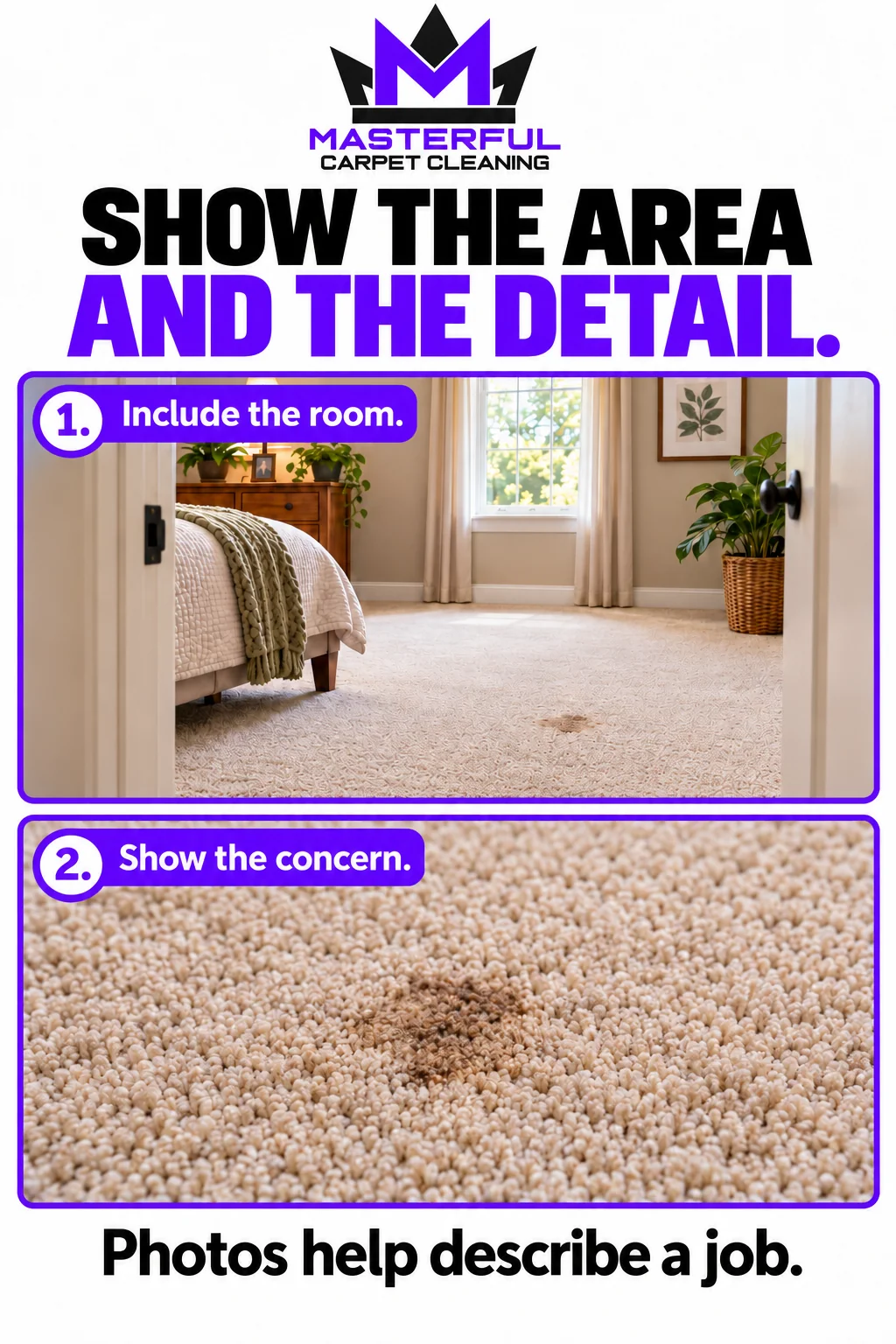 Two illustrative views of an installed carpet: a wider room view and a closer view of a brown mark.