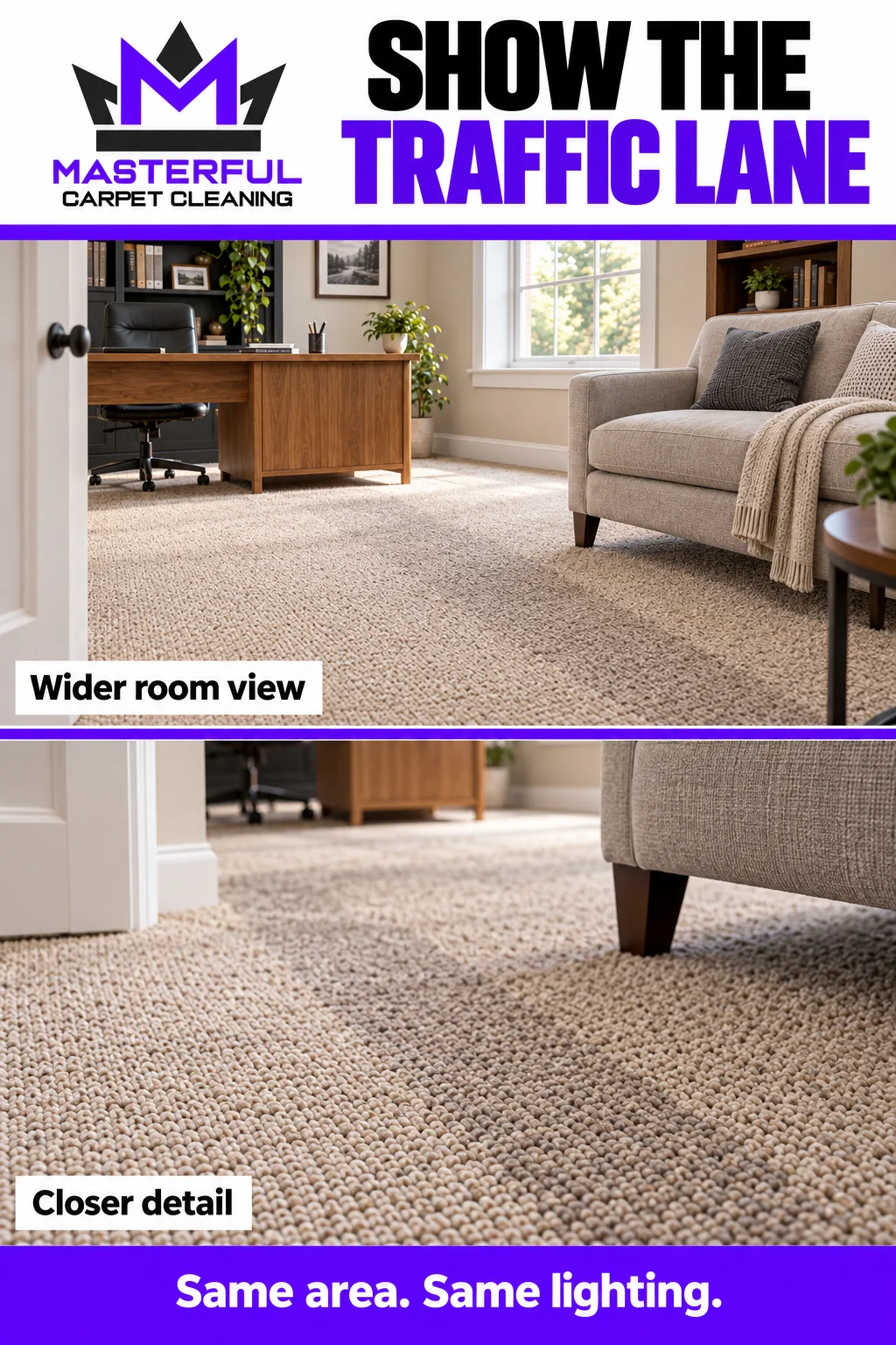 Illustrative enquiry photo scales: a wider carpeted room view and a closer traffic lane detail.