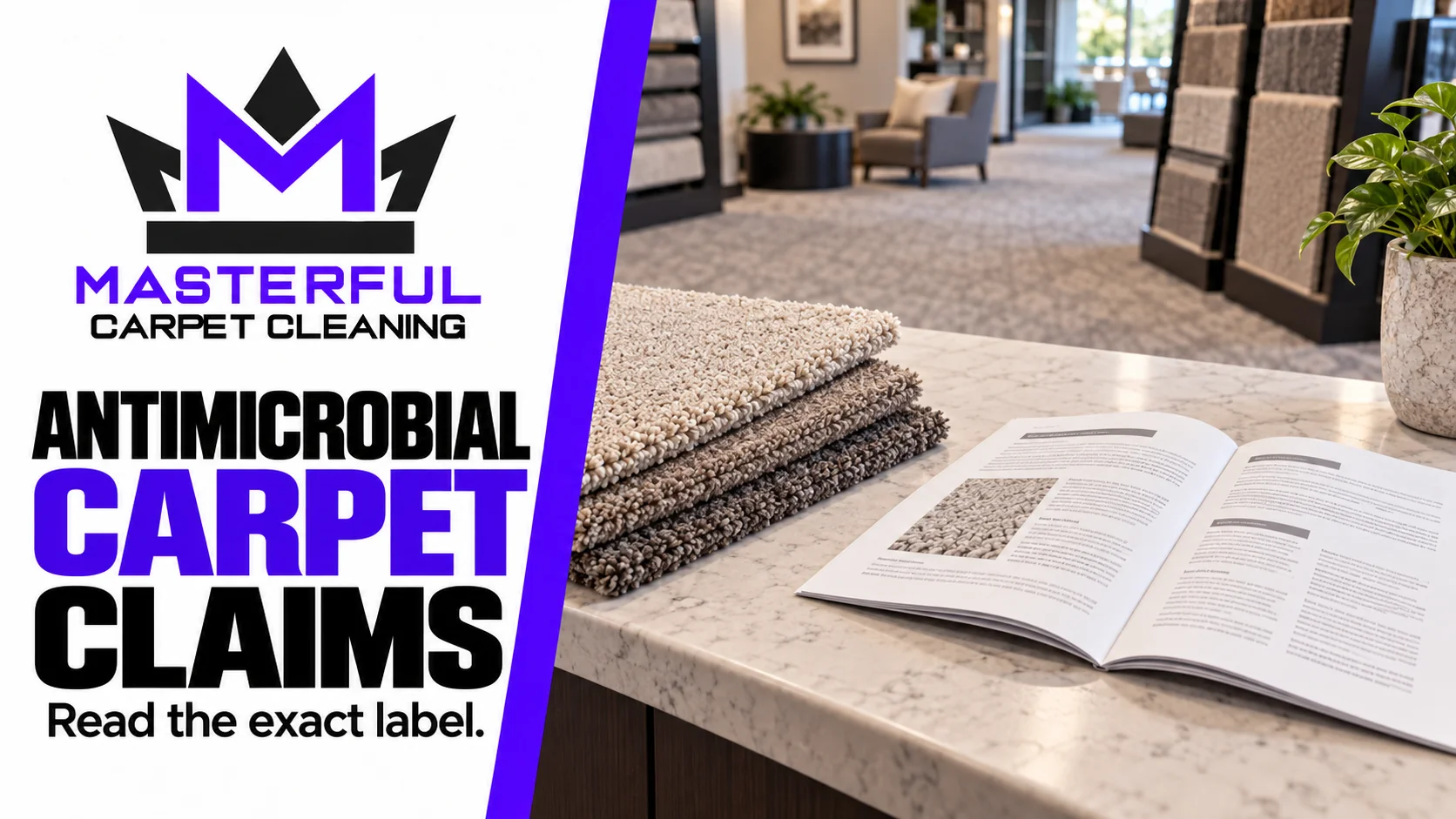 Antimicrobial carpet claims: illustrative carpet samples and an unreadable generic information booklet.