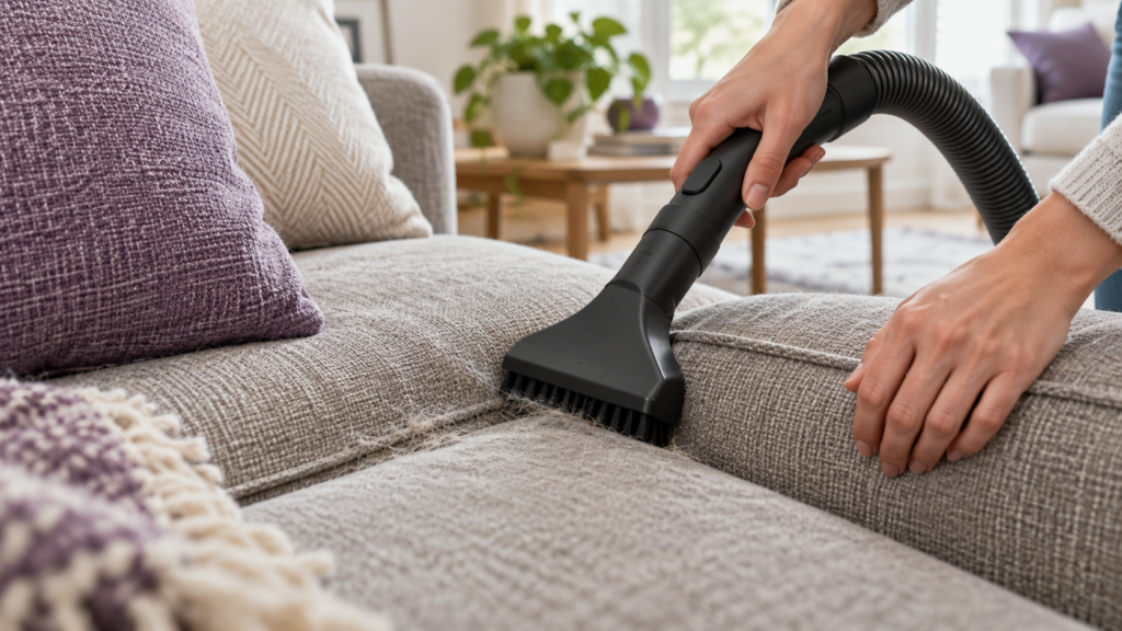 An upholstery vacuum attachment follows a sofa cushion seam to collect loose hair and debris.
